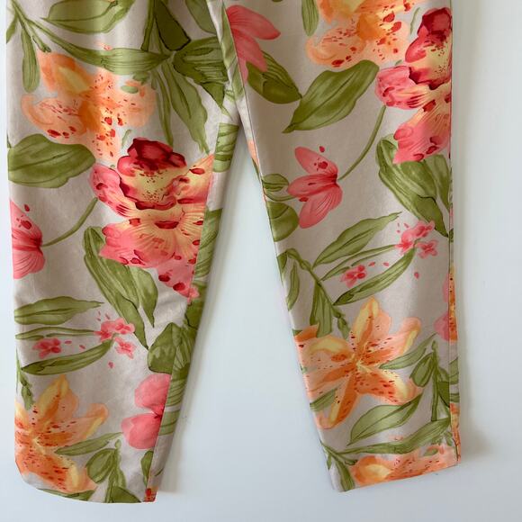 Vintage Tropical Hawaiian Floral Silk Cropped Trouser Pants Womens 6 Pink Orange - Picture 6 of 16